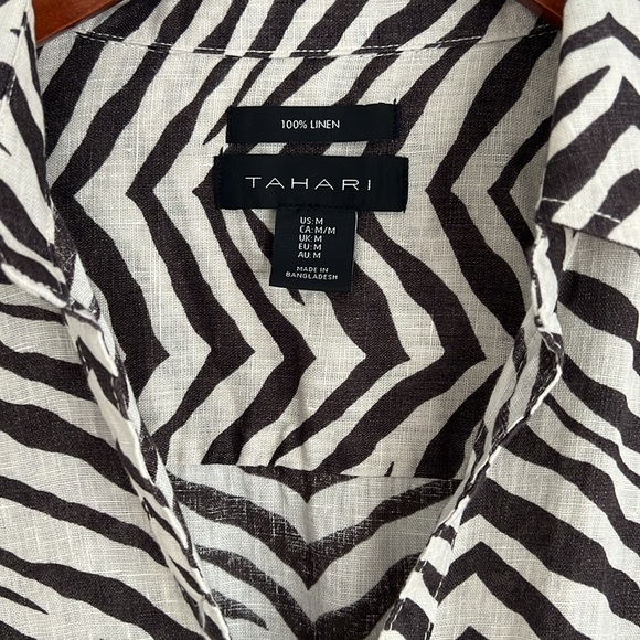 Tahari 100% linen animal print zebra bottoms down shirt Sz M - Picture 3 of 6